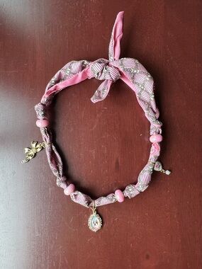 Coquette French Bulldog Pink Patterned Scarf Necklace with Bow Charms
